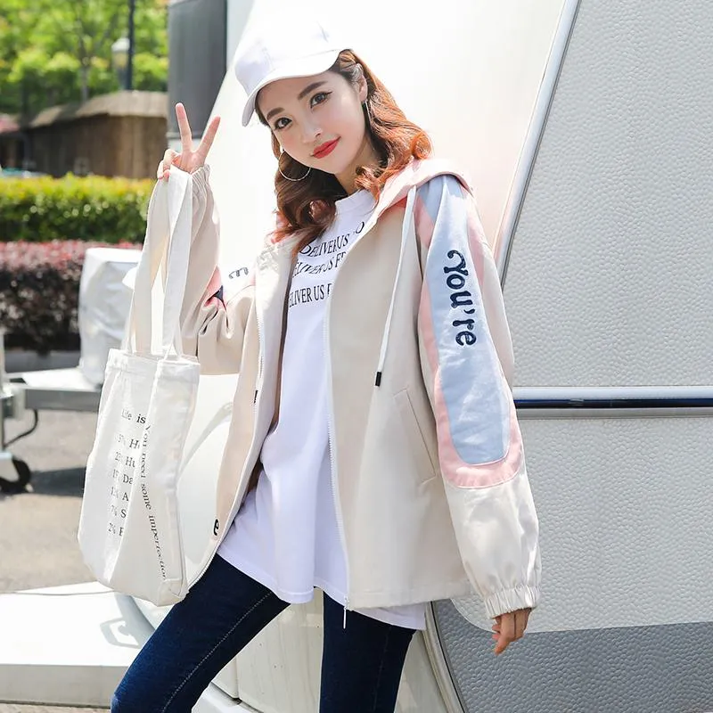 Preppy Style Color Blocking Loose Fit Raincoat Hooded Jacket