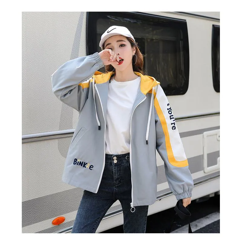 Preppy Style Color Blocking Loose Fit Raincoat Hooded Jacket