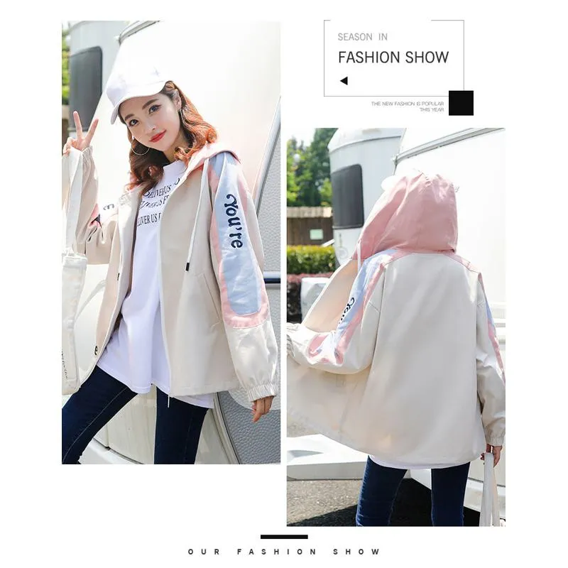 Preppy Style Color Blocking Loose Fit Raincoat Hooded Jacket