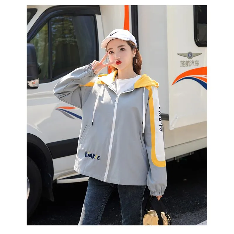 Preppy Style Color Blocking Loose Fit Raincoat Hooded Jacket