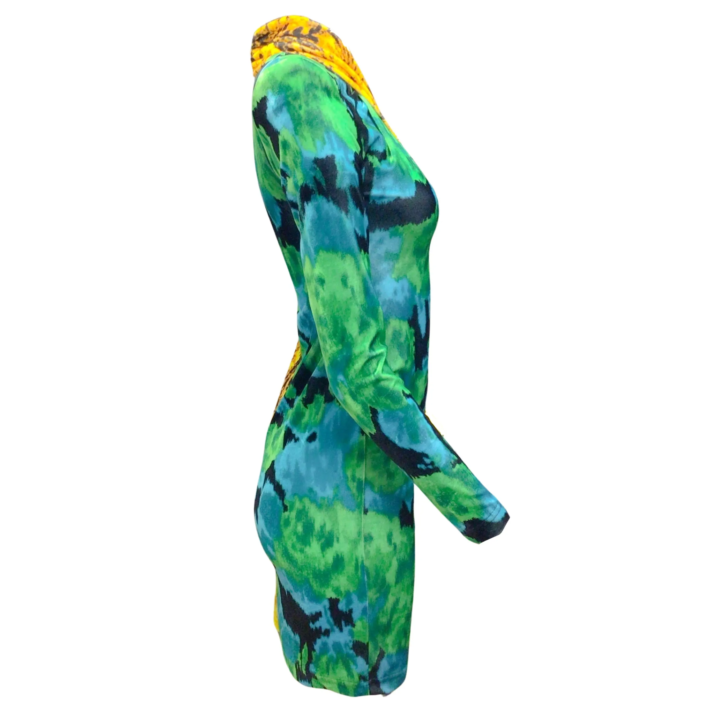 Richard Quinn Yellow / Green / Blue Multi 2019 Printed Long Sleeved Velvet Dress