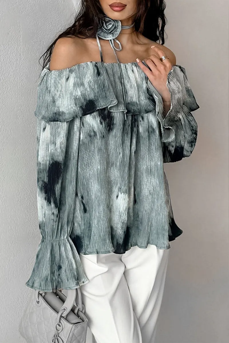 Sexy Tie Dye Ruffle Flowers Contrast Off Shoulder Blouses