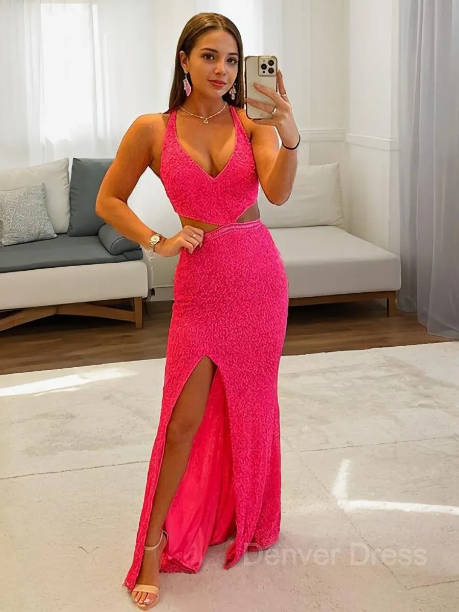 Sheath V-neck Sweep Train Velvet Sequins Evening Dresses With Leg Slit