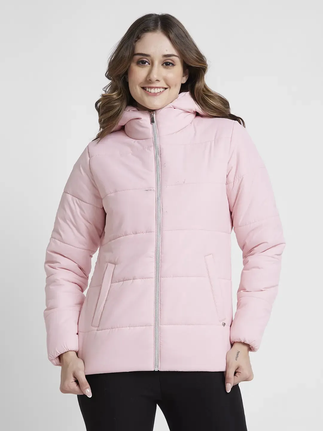 Spykar Women Baby Pink Regular Fit Hooded Plain Jacket