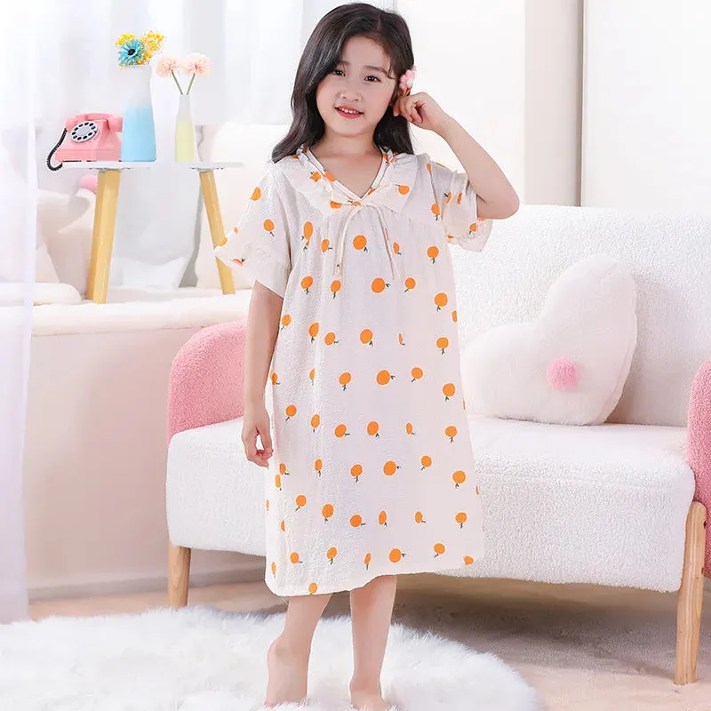 Summer Thin Children Teenagers Pure Cotton Short Sleeved Pajama Dress Cute Girl Lace Breathable Comfortable Home Clothing