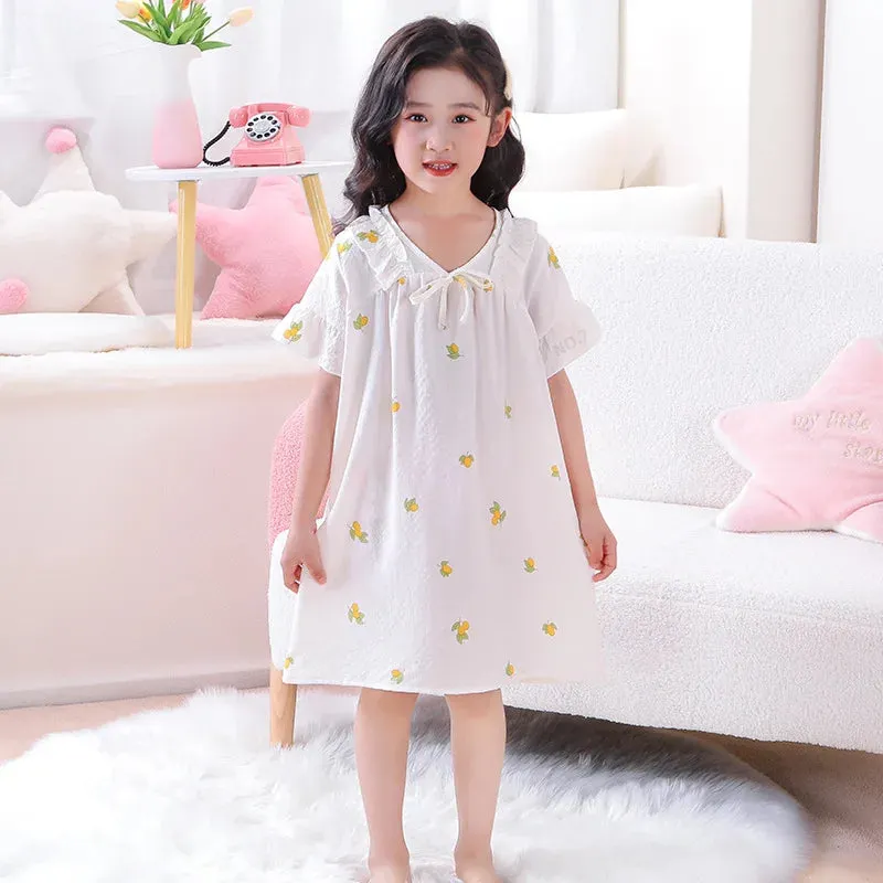 Summer Thin Children Teenagers Pure Cotton Short Sleeved Pajama Dress Cute Girl Lace Breathable Comfortable Home Clothing