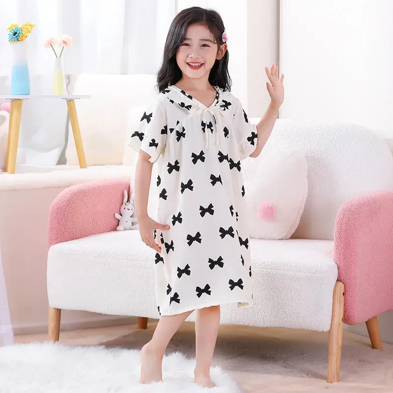 Summer Thin Children Teenagers Pure Cotton Short Sleeved Pajama Dress Cute Girl Lace Breathable Comfortable Home Clothing