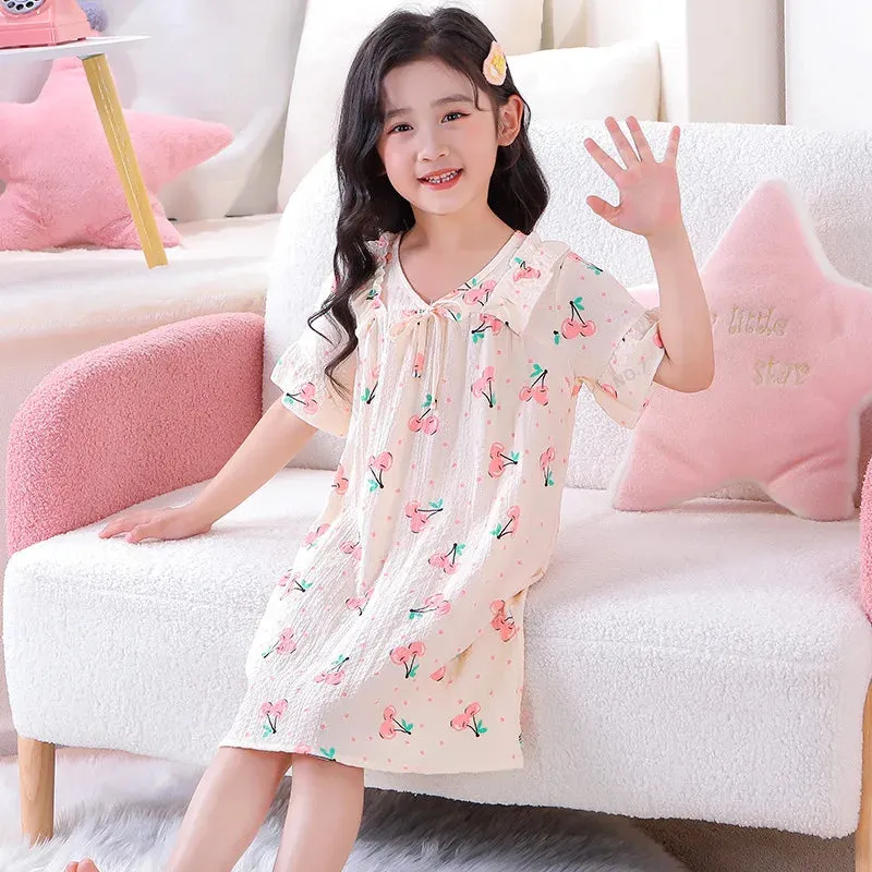 Summer Thin Children Teenagers Pure Cotton Short Sleeved Pajama Dress Cute Girl Lace Breathable Comfortable Home Clothing