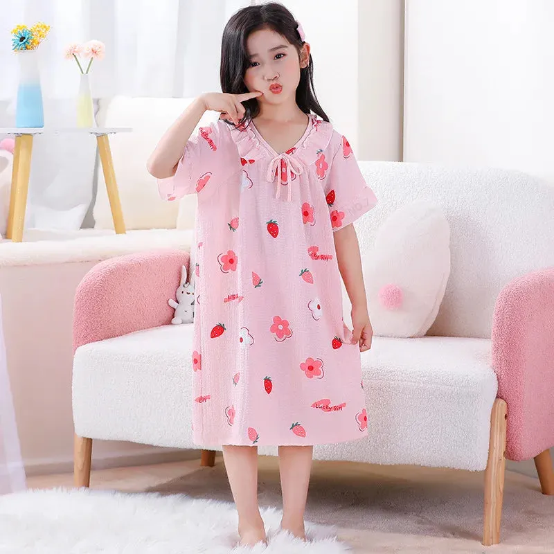 Summer Thin Children Teenagers Pure Cotton Short Sleeved Pajama Dress Cute Girl Lace Breathable Comfortable Home Clothing