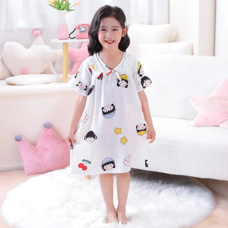 Summer Thin Children Teenagers Pure Cotton Short Sleeved Pajama Dress Cute Girl Lace Breathable Comfortable Home Clothing