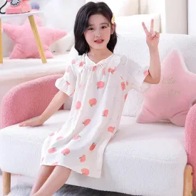 Summer Thin Children Teenagers Pure Cotton Short Sleeved Pajama Dress Cute Girl Lace Breathable Comfortable Home Clothing