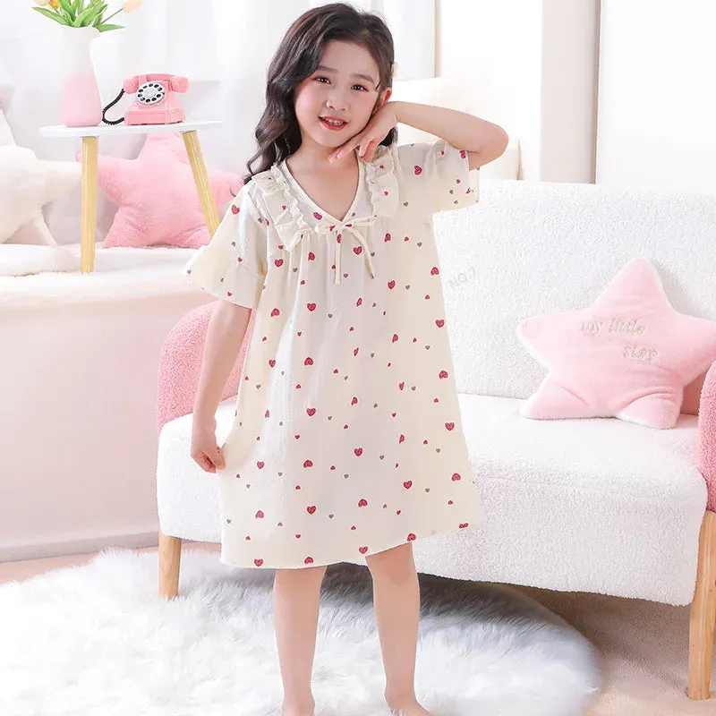 Summer Thin Children Teenagers Pure Cotton Short Sleeved Pajama Dress Cute Girl Lace Breathable Comfortable Home Clothing