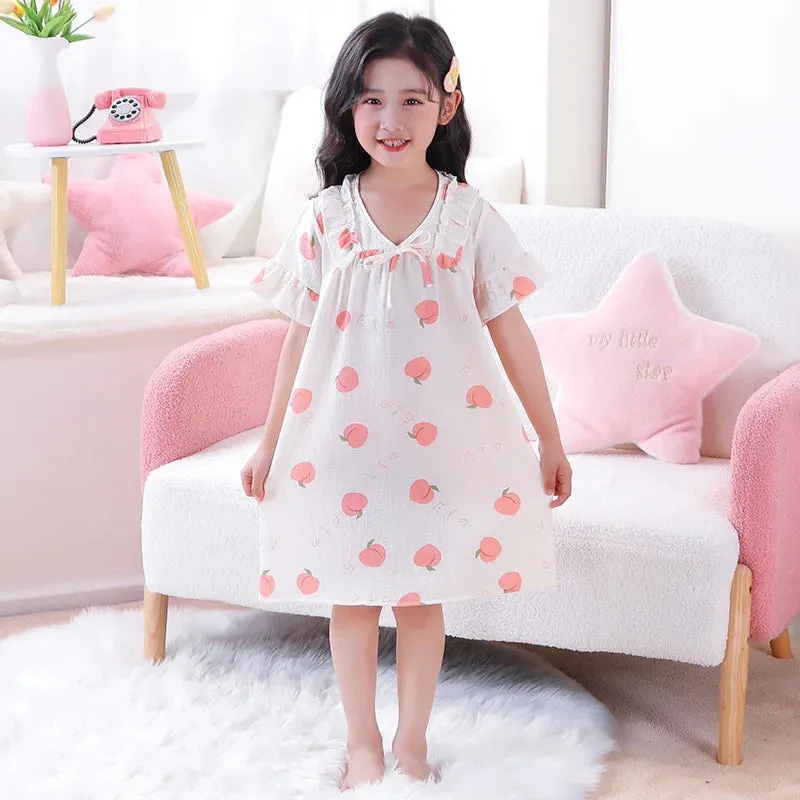 Summer Thin Children Teenagers Pure Cotton Short Sleeved Pajama Dress Cute Girl Lace Breathable Comfortable Home Clothing