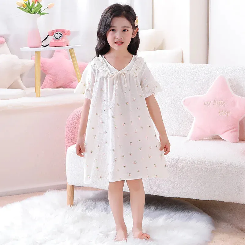 Summer Thin Children Teenagers Pure Cotton Short Sleeved Pajama Dress Cute Girl Lace Breathable Comfortable Home Clothing