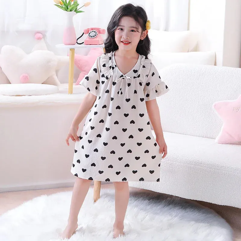 Summer Thin Children Teenagers Pure Cotton Short Sleeved Pajama Dress Cute Girl Lace Breathable Comfortable Home Clothing