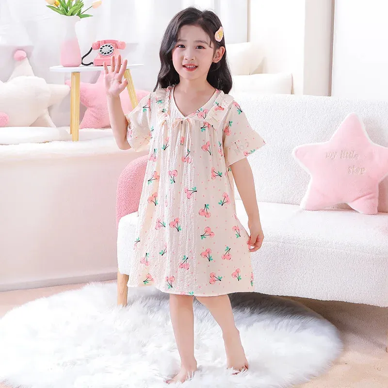 Summer Thin Children Teenagers Pure Cotton Short Sleeved Pajama Dress Cute Girl Lace Breathable Comfortable Home Clothing