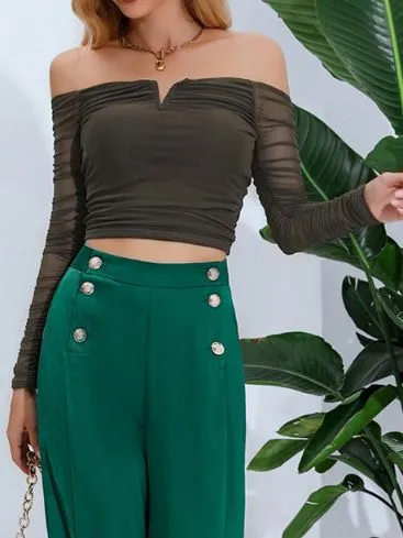 TEEK - Green Open Navel Short Mesh Long Sleeved Top