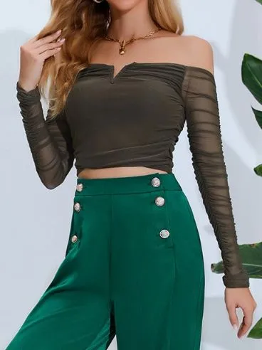 TEEK - Green Open Navel Short Mesh Long Sleeved Top