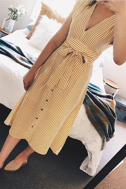 V Neck Tie Waist Dress