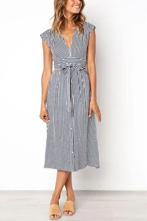 V Neck Tie Waist Dress