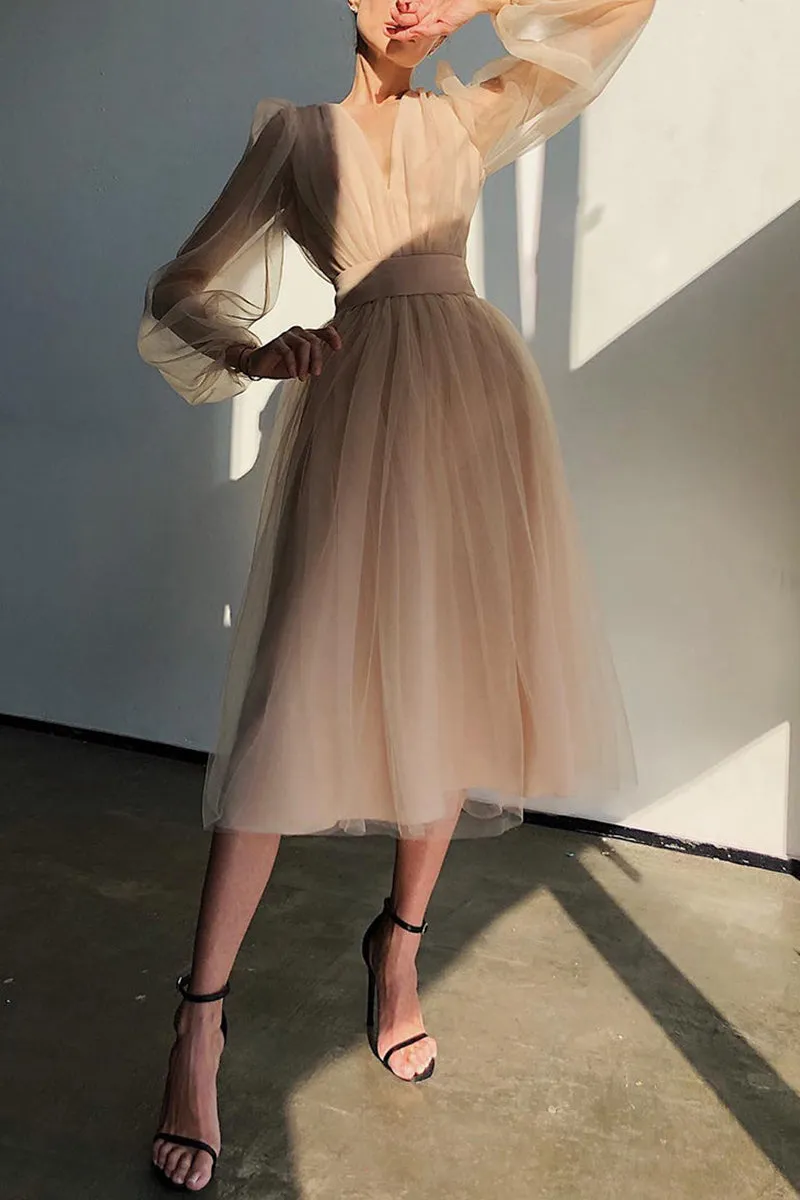 V Neck Tulle Long Sleeve Midi Dress