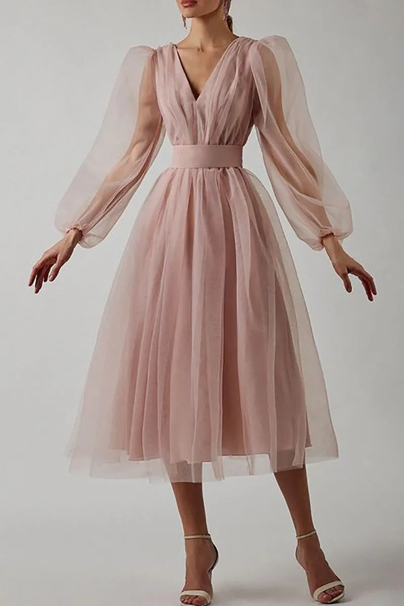 V Neck Tulle Long Sleeve Midi Dress