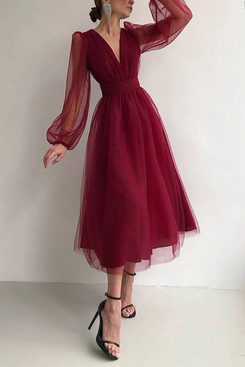 V Neck Tulle Long Sleeve Midi Dress