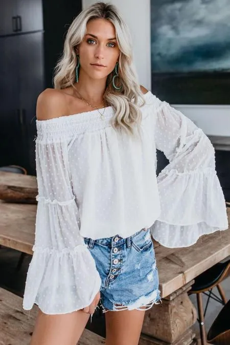 White Swiss Dot Off The Shoulder Top