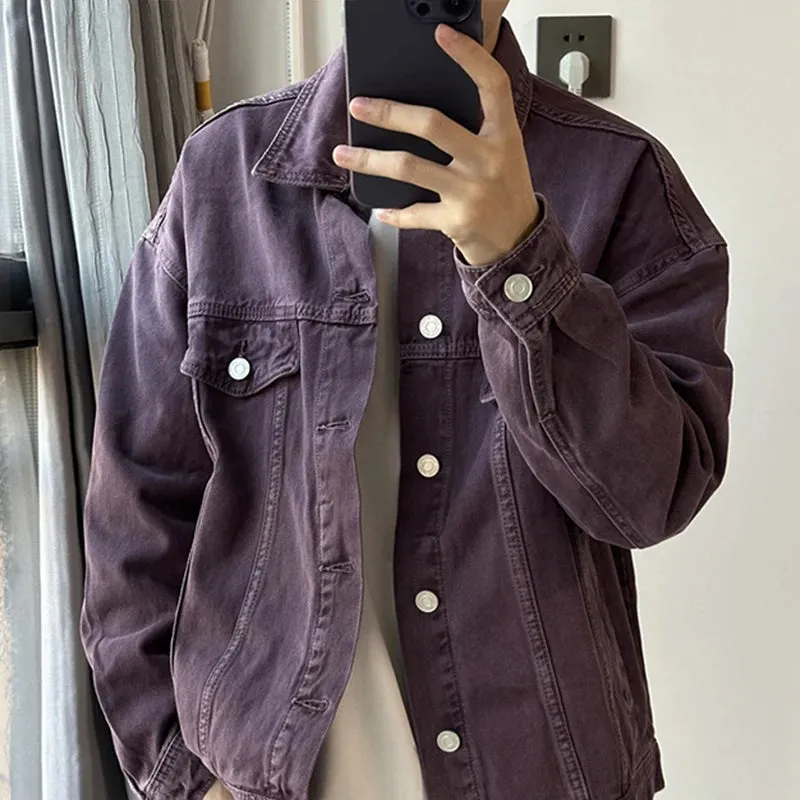 Wiaofellas   -  Men's Vintage Washed Purple Denim Jacket Streetwear Fashion Cargos Fake Pockets Button-down Shirt Coats Retro Popular M-3XL