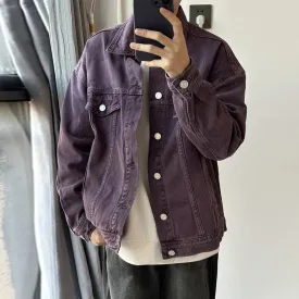 Wiaofellas   -  Men's Vintage Washed Purple Denim Jacket Streetwear Fashion Cargos Fake Pockets Button-down Shirt Coats Retro Popular M-3XL