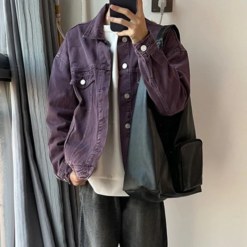 Wiaofellas   -  Men's Vintage Washed Purple Denim Jacket Streetwear Fashion Cargos Fake Pockets Button-down Shirt Coats Retro Popular M-3XL