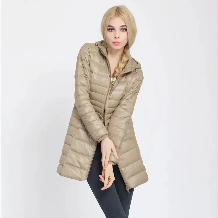 Women's Long Duck Down Parka Jackets Outwear Ultralight Hooded Thin Coat