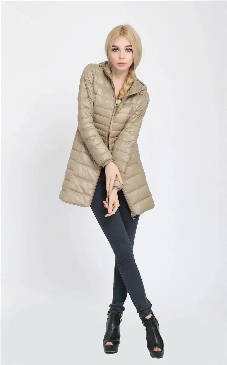 Women's Long Duck Down Parka Jackets Outwear Ultralight Hooded Thin Coat