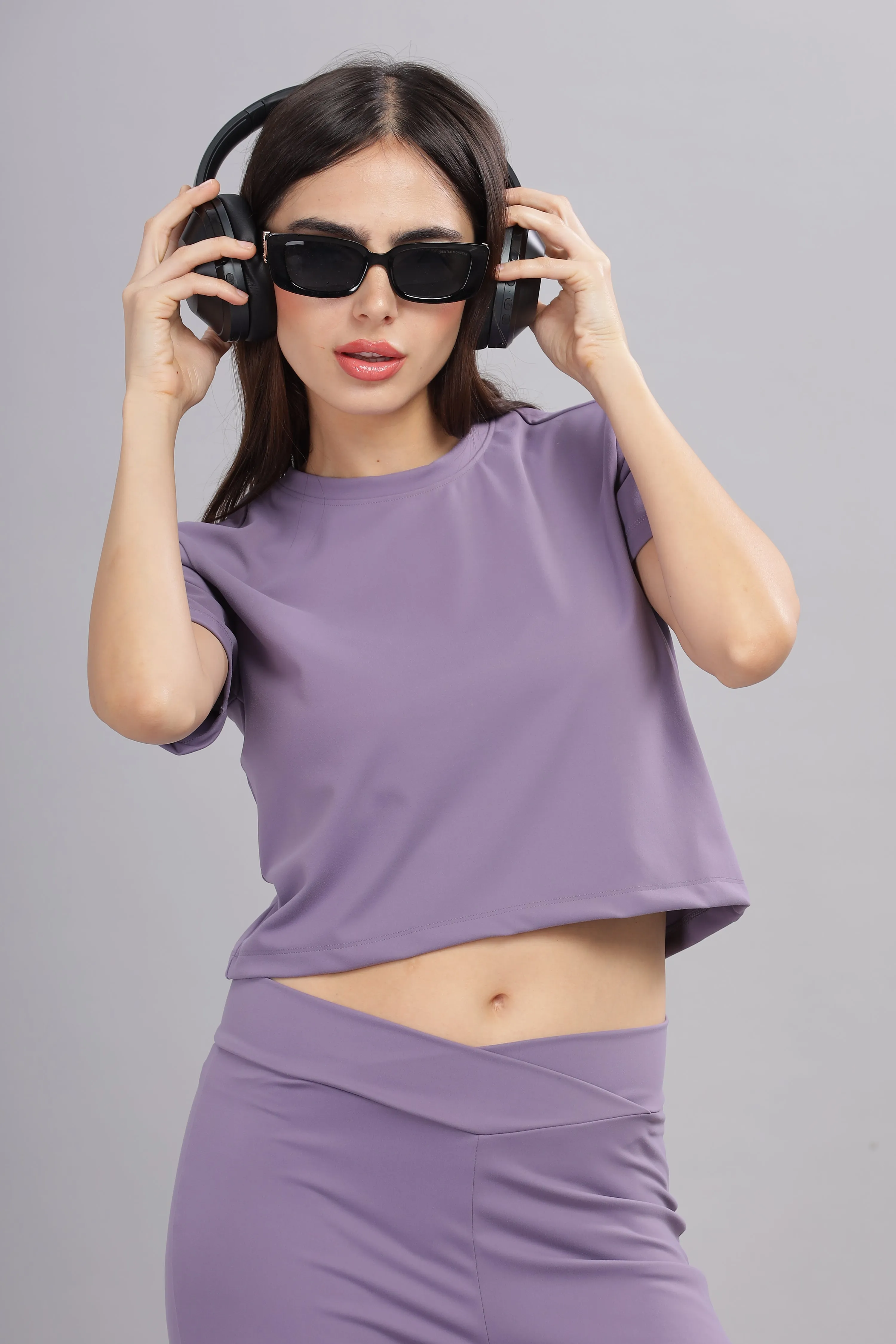 Women’s super stretchy ultra soft sweat wicking Nylon crop top and Jogger Set (LILAC)