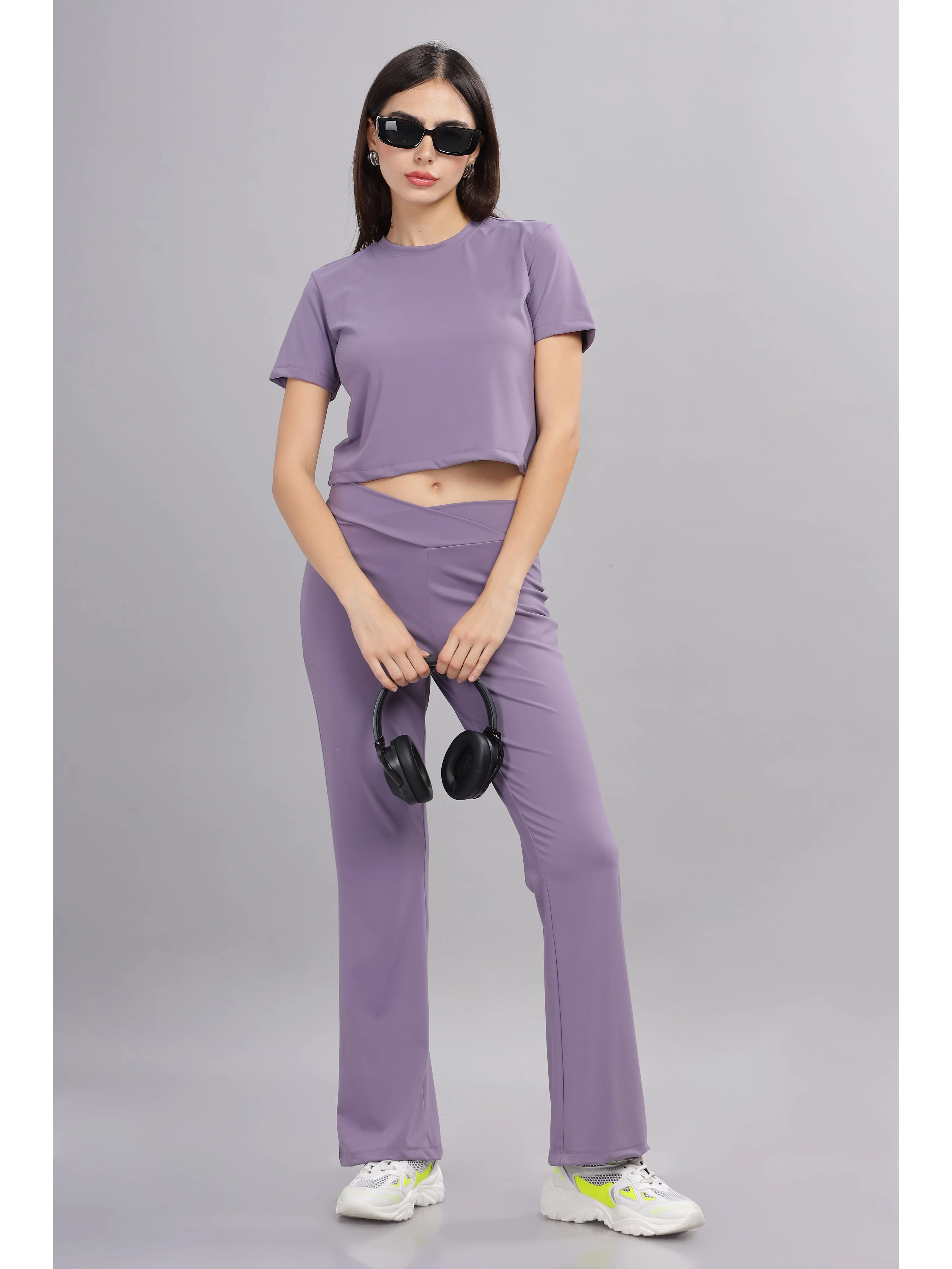 Women’s super stretchy ultra soft sweat wicking Nylon crop top and Jogger Set (LILAC)