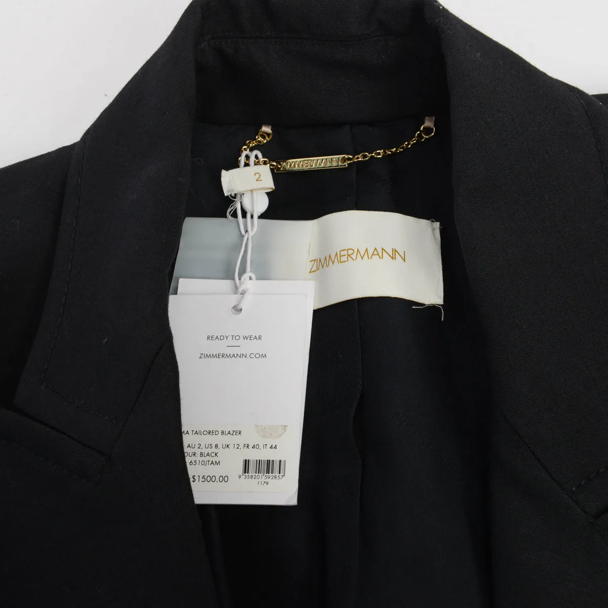 Zimmermann Black Wool Blend Tama Tailored Blazer AU 2